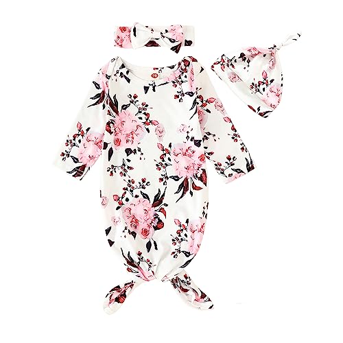 Image of Kislio Newborn Baby Girls Boy Knotted Gown Floral Nightgown Sleeper Gown Swaddle Headband Hat Coming Home Outfit Set