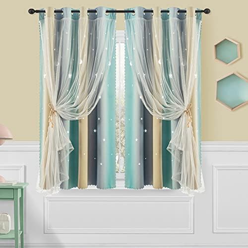 AJAZZ Curtains for Girls Bedroom Kids Curtain Hollow-Out Star Window Drapes Curtain Room Darkening Grommet 2 Layers,63 inch Length 2 Panels Set