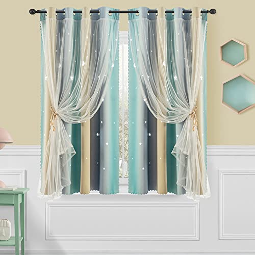 Ajazz Curtains For Girls Bedroom Kids Curtain Hollow-Out Star Window Drapes Curtain Room Darkening Grommet 2 Layers,63 Inch Length 2 Panels Set #TOP3