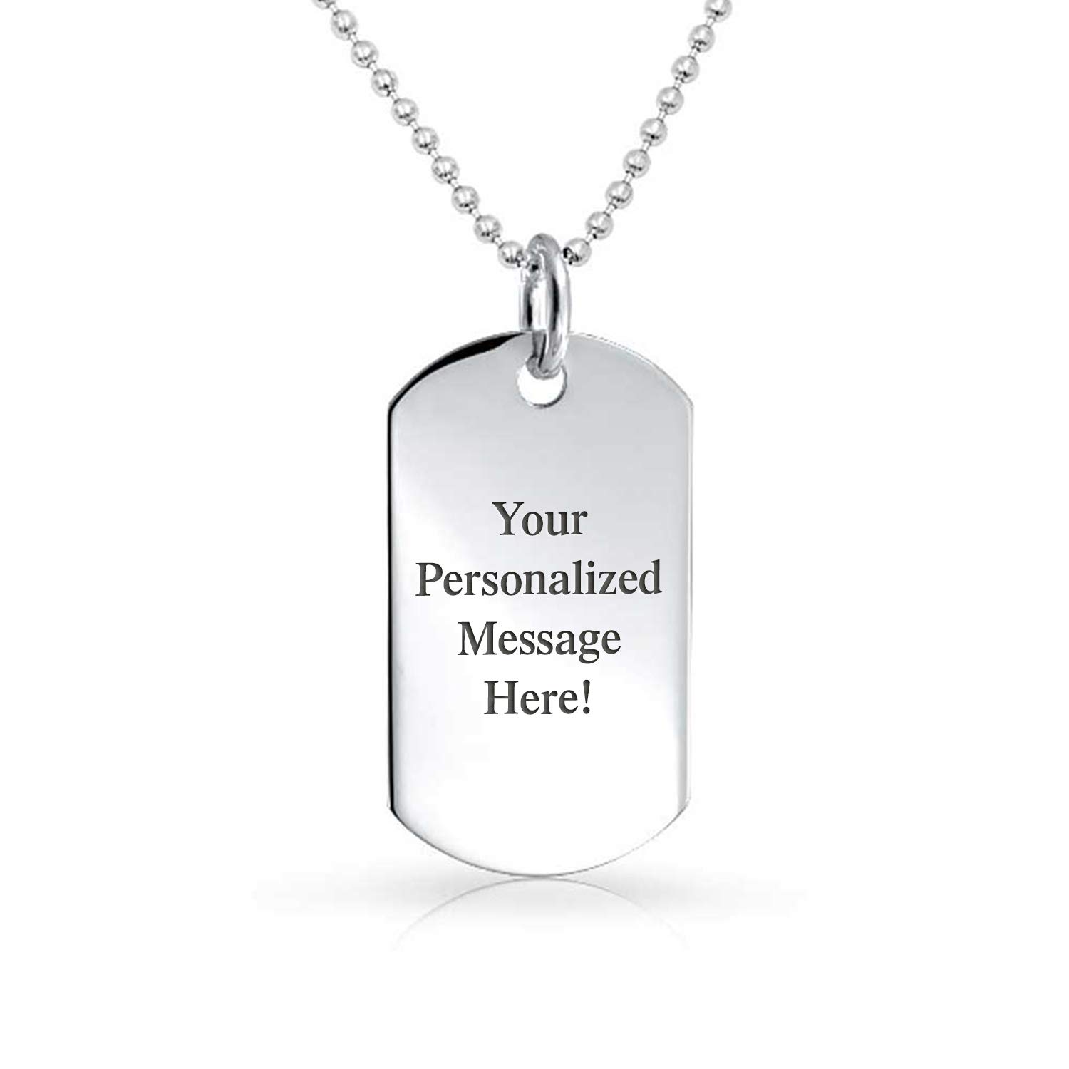 Unisex Engrave Personalized Medium Plain Simple Basic Cool Mens Identification Military Army Dog Tag Pendant Necklace For Men Teens Polished .925 Sterling Silver Small Medium Large Sizes