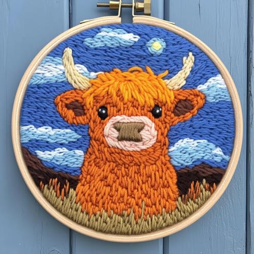 DIY Punch Needle Kits for Beginners Cute Cartoon Highland Cow with Night with Hoop Embroidery Punch Needle Starter Craft Set Easy for Adults and Children Festival Gift and Decoration 20x20cm-1