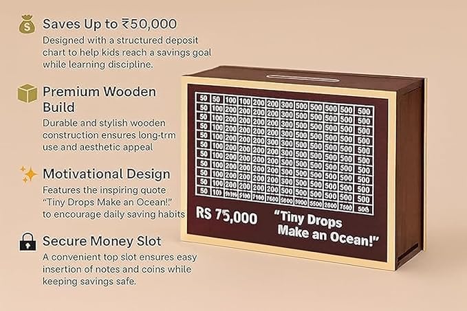Image of Dr.MASHUR Wooden Money Saving Challenge Box with Printed Amount Board for Cash and Coin Collection, Reusable Saving Box for Kids and Adults (Pen 75k Money box-2pc, 2, Count)