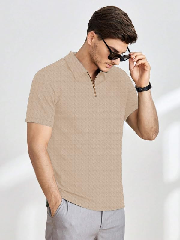 Image of KAJARU Men's Polyster Blend Regular Fit T-Shirt with Half Sleeve Chain Polo Collar V-Neck Standard Length and Classic Style