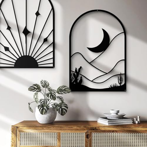 Image of SHILP HANDICRAFT 4 Pack Boho Abstract Wood Wall Art | Minimalist Decor Bohemian Line Art | Geometric Line Sun Moon Arch Leaf, 3D Textured Sculptures, for Living Room Bedroom 12 inch