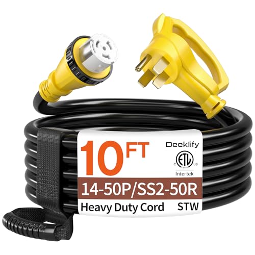 10FT 50 Amp Generator Cord NEMA 14-50P/SS2-50R Heavy-Duty 4 Conductors Cable Pure Copper STW RV Extension Cord Female Plug with Twist Lock Suitable for RV or Camper ETL Listed