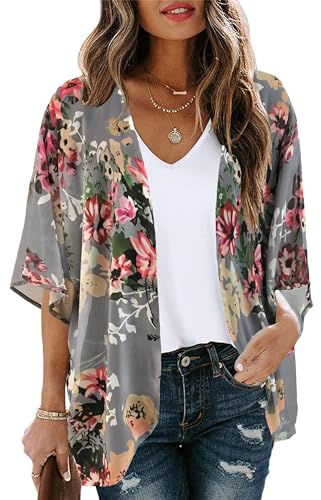 Gosunny Damen Sommer Cardigan Leicht Elegante Strickjacke Casual Hawaii Kimono Oberteil（Rosa Blume，L）