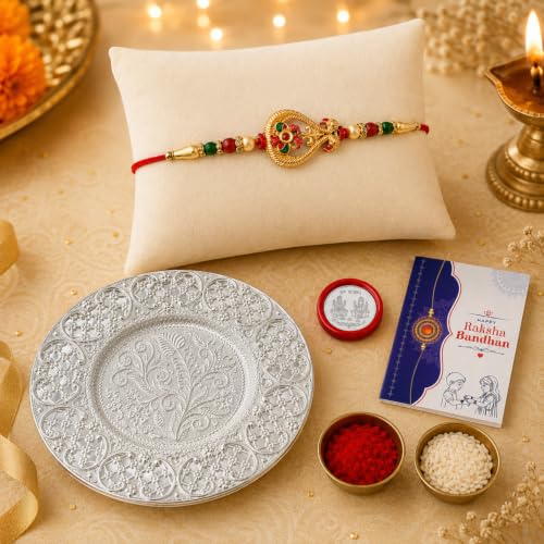 Image of Oblivion Ethnic Multicolor Birds Rakhi Combo for Brother Bhaiya Bhai with Thali, Roli Tikka, Silver Color Pooja Coin & Greeting Card | Traditional Thread Bracelet | Raksha Bandhan Gift Set | Pack of 5
