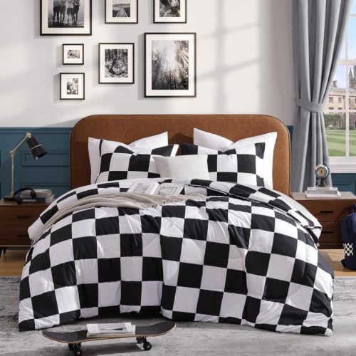 Image of Andency Checkered Comforter Queen(90x90Inch), Black White Plaid Gingham Bed Set for Teen Boys Kids, Lightweight Polyester Geometric Preppy Bedding, 3 Pieces