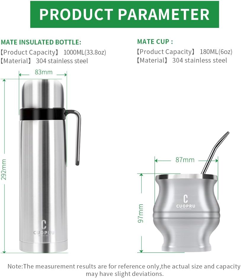 Vacuum Insulated Bottle Set with Stainless Steel Mate Cup, Bombilla (Straws), Tea Filter Set Included - Yerba Mate Kit (Silver) - Image 3