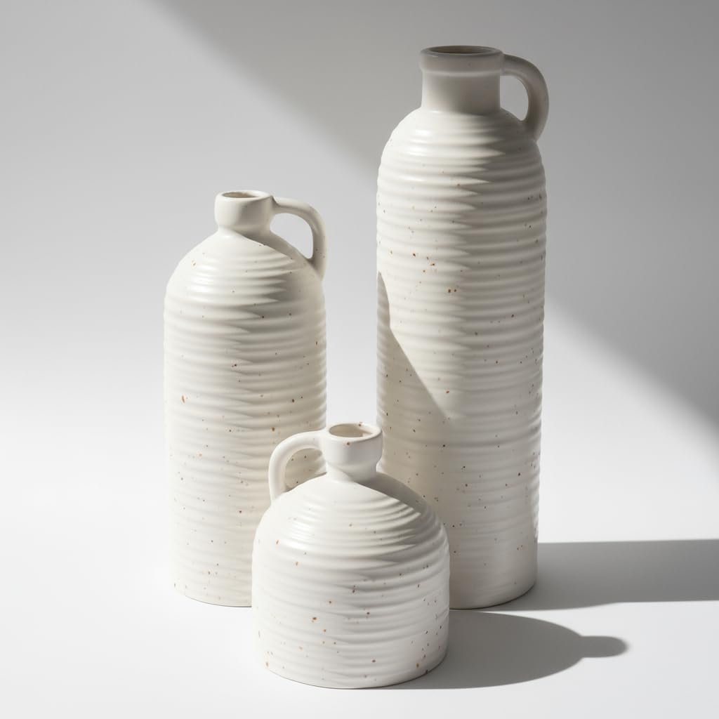 White Ceramic Vase Set of 3 with Handle – Ribbed and Dotted Jug Vases for Rustic Farmhouse Table Centerpiece, Shelf & Mantel Decor