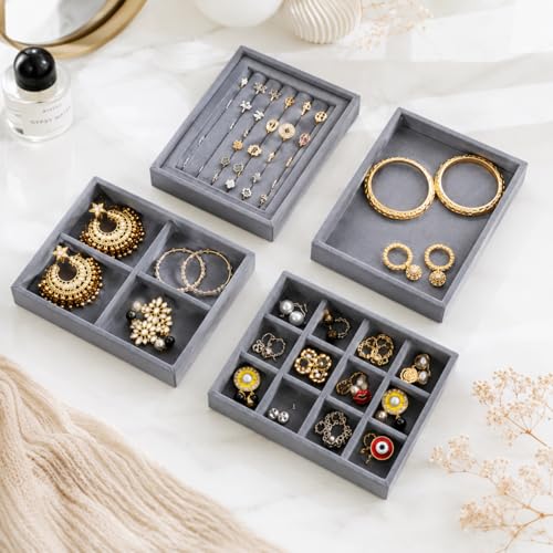 Image of La Trove Set of 4 Stackable Jewelry Organizer Trays for Drawer, Cream Grey | Stackable set of 4 velvet trays for rings, earrings, necklaces, jhumkas and bangles, ideal for drawer jewelry storage