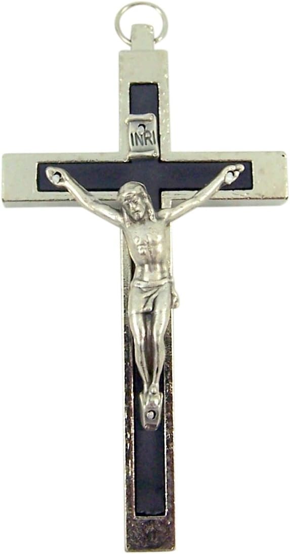 Silver Toned Catholic Cross Crucifix with Black Inlay, 2 3/4 Inch