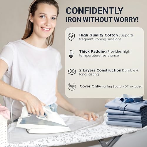 Image of Ironing Board Cover and Pad 15 inchx54 inch Extra Thick Natural Cotton, Scorch and Stain Resistant Padding, Standard Size Iron Board Cover with Fasteners Heavy Duty Elastic Edge, Heatproof Rose