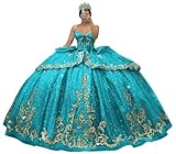 Youjiayi Sparkly Lace Sequin Quinceanera Dresses Turquoise Strapless Sweet 16 Dress with Bow Princess Gold Appliques XV Dress for Quinceanera Size 8
