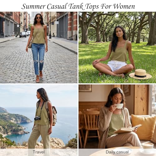 MEILANFONE Tummy Hiding Outfits for Women, 2026 Summer Casual Tank Tops Square Neck Sleeveless Shirts, for Vacation Travel Khaki XXL — view 2