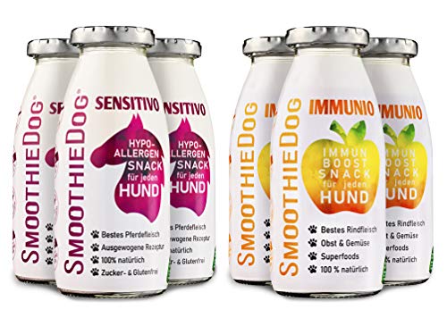 Hunde Smoothie SmoothieDog 6er Mix - je 3X: Immunio (Rind), Sensitivo (Pferd) - Flüssiges Hundeleckerli - Zucker- & glutenfrei - je 250ml