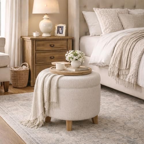 Image of Homepop Home Decor | Upholstered Round Storage Ottoman | Ottoman with Storage for Living Room & Bedroom with Flared Legs. Linen. Large