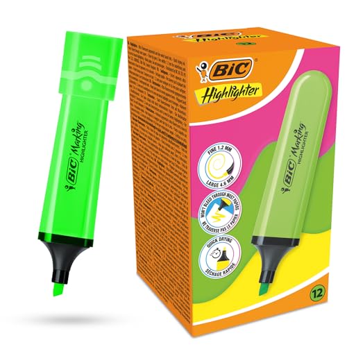 BIC Marking - Paquete de 12 marcadores de plástico con tinta fluorescente verde neón para notas suaves, resaltadores precisos, ideal para la escuela y la oficina