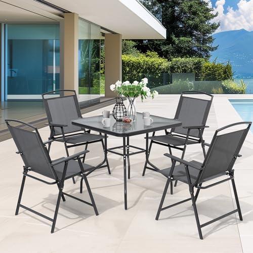 Folding Outdoor Dining Table With Umbrella Hole for Stylish Patio Comfort 10 Pellebant 5 Pieces Outdoor Table and Chairs with Folding Chairs, Patio Dining Set of 4 Person Including Glass Top Square Table with Umbrella Hole, Gray