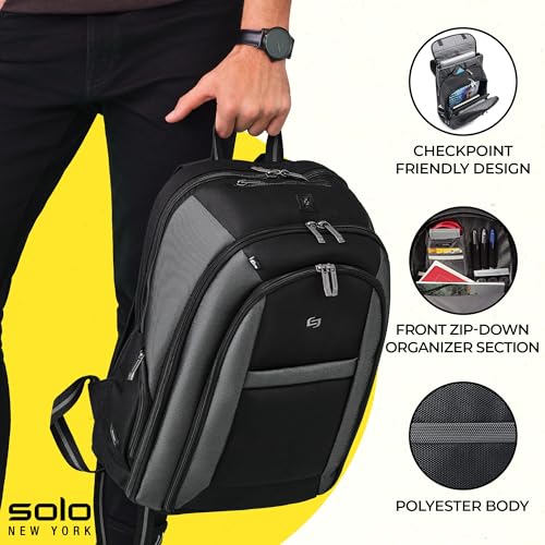 Solo New York Laptop Backpack for Women & Men -Carry On Bookbag for Travel & Work, Lightweight Bag, Removable Laptop Sleeve, Padded Straps, Fits 16" Computer - Metropolitan, Black & Grey2
