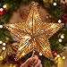 Christmas Star Tree Topper, Plug in 3D Star Tree Topper, 11”Golden Glittered Metal Hollow Designed Built-in 10 Bulbs String Lights for Christmas Tree Decorations