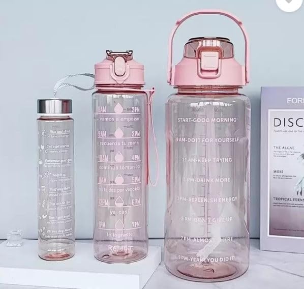 Image of TRANSPARENT 3-Pcs (2000ML-900ML-300ML) Water Bottle with Straw & Time Marker | Leak-Proof Sports Bottle for Gym, Office, School | Break-Resistant Silicone Bottle for Daily Hydration (Pink)