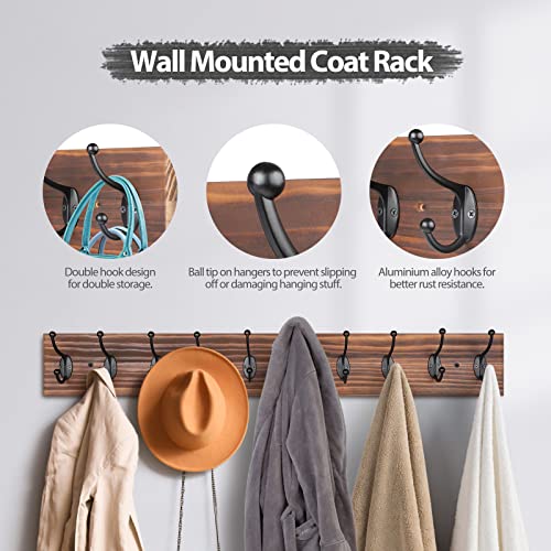 PHINGEER Wall Mounted Coat Rack,Vintage Wooden Coat Hooks for Wall,Heavy Duty 10 Dual Coat Hangers for Hanging Coats Jacket,Hat,Clothes,Brown (10 Hooks) - Image 3
