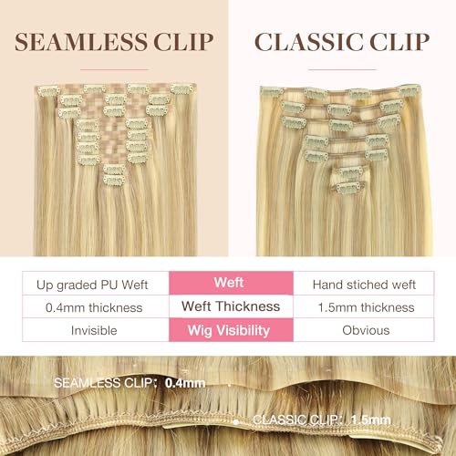 Image of GOO GOO Clip in Hair Extensions Real Human Hair, Remy Human Hair Extensions Clip ins for Women, Natural Human Hair, 14inch 130g 9Pcs, 18D /22F Dirty Blonde Highlights
