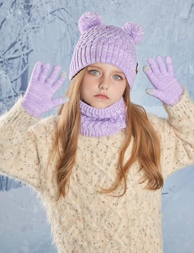 Happy Cherry Kids Winter Beanie Hat Scarf Gloves Set Girls Boys Mittens Knit Neck Warmer for Kids 4-10 Years2