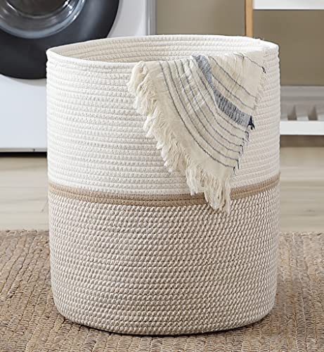 Organizix Large Cotton Rope Laundry Hamper Woven Basket With Handles, Storage Basket For Toys, Blanket, Throws, Pillows And Towels - 18 X 16, White/Brown #TOP5