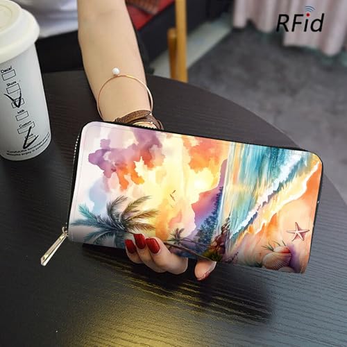 Image of RFID Blocking Leather Wallet for Women - Large Capacity Zip Around Clutch with 8 Card Slots,31 Cash Pockets & Coin Zipper,Sunset Beach