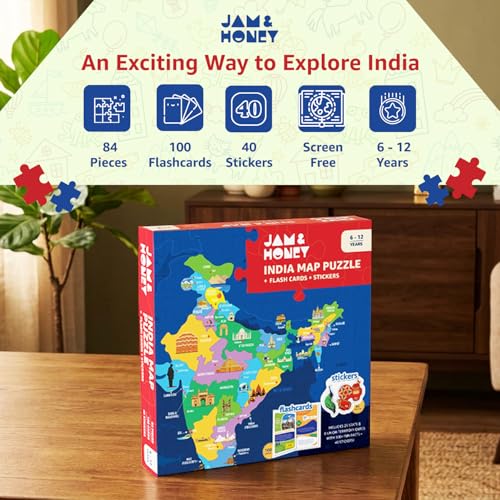 Image of Amazon Brand - Jam & Honey India Map Puzzle & Learning Kit | 6+ Years | 84 Pieces | 100 Flash Cards | 40 Stickers