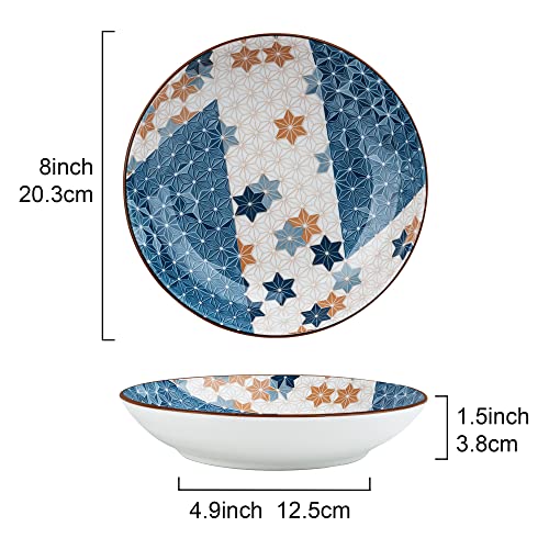 Fanquare 8" Salad Plates, Blue Deep Plates, Pasta Bowls Set Of 4, Porcelain Appetizer Plates, Microwave Safe Plates, Geometric Pattern #TOP5