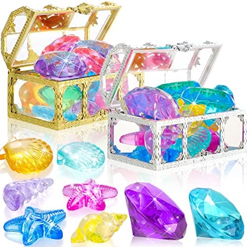 24 Pieces Diving Gem Pool Toys Colorful Summer Swimming Gem Diving Toys with 2 Treasure Pirate Boxes Summer Underwater Swimming Toy Set for Parties Birthday, Wedding Decoration Gems (Ocean Style)