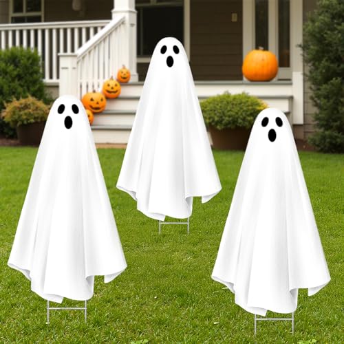 Bunny Chorus Halloween Decorations Outdoor: 3ct Extra Large Scary Ghost Yard Signs with Stakes, Corrugated Plastic, Outside Halloween Decor White Ghost for Kids Home School Yard Lawn Haunted House