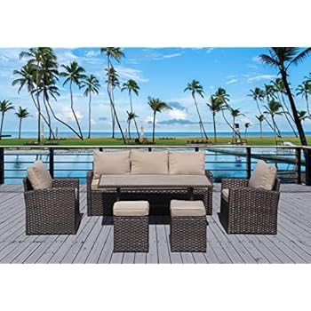 Alternative view of Jardin-Monde Outdoor Wicker Sofa Set 7 Person Sitting Group, PE Rattan Patio Sectional Furniture, Conversation Sofa with Cushions Brown Wicker+Biege Fabric
