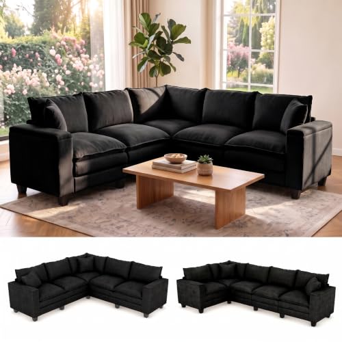 Image of 97 inch V Shaped Sectional Couch, Comfy Chenille Upholstered Modular Cloud Sofa, Convertible L Shaped Corner Couch with Storage Armrests & 2 Pillows, 5 Seat Sectional Couches for Living Room, Black