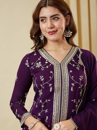 Image of MOKOSH Women's Silk Embroidery Kurta Sharara with Dupatta | Kurta Set | V Neck Full Sleeve Ethnic Suit | Indian Kurta Outfit with Sharara |3 Piece Outfit