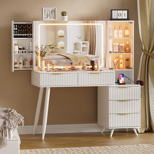 FURNJOYLIFE Makeup Vanity Desk with Mirror and Lights & Charging Station,Modern Glass Top Big Vanity Table with 5 Drawers,Sliding Storage Wall-Mounted Jewelry,3 Shelves for Bedroom,White