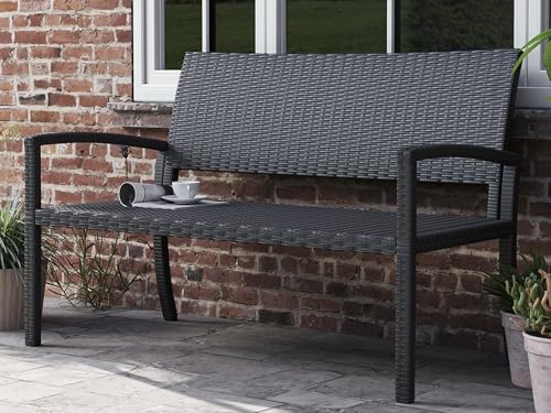 UDPATIO Gartenbank Wetterfest aus Polyrattan, Rattan Sitzbank Outdoor, Terrassenbank mit Rückenlehne & Armlehnen, Balkon Bank 320kg belastbar für Garten, Balkon, Terrasse, (Schwarz)