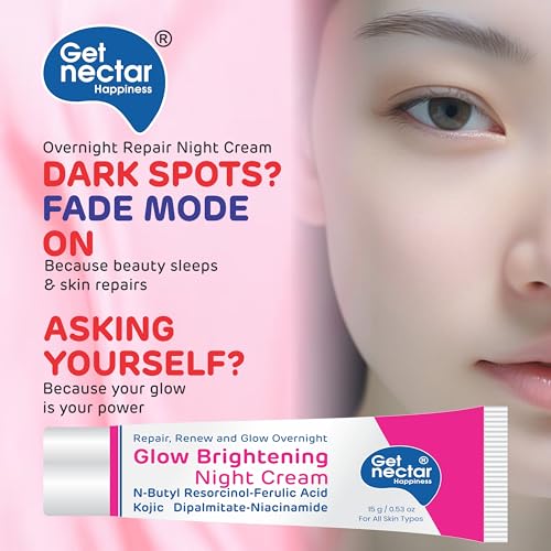 Image of Get Nectar Happiness Glow Brightening Day & Night Cream Duo with Glutathione, Alpha Arbutin, Niacinamide, Kojic Acid & Ferulic Acid for Dark Spots, Pigmentation, Tan Removal & Glowing Skin for Men & Women Lightweight & Non-Greasy 15x2=30g Each