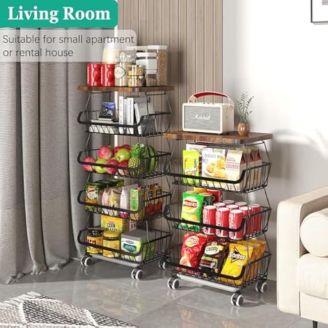 Fruit Basket with Wooden Lid for Kitchen, 4-Tier Stackable Wire Fruit Vegetable Storage Basket Organizer Stand on Wheel, Produce Basket Potato Onion Storage Bins Rack Cart for Pantry