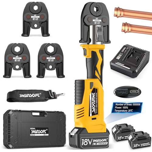 SWANSOFT Pro Press Tool 18V 4Ah Battery Electric Hydraulic Crimping Tool for Copper Pipes with 3 US Compact VUS 1/2 3/4 1 Jaws Pro Press Copper Plumbing Crimper Tool Kit (SWPR-12522Y)