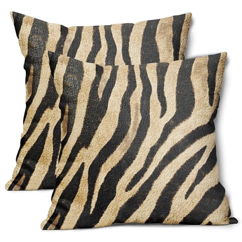 aportt Lot de 2 housses de coussin décoratives en coton et lin avec imprimé tigre noir et doré, 50,8 x 50,8 cm, peau d'animal zèbre, décoration de vacances