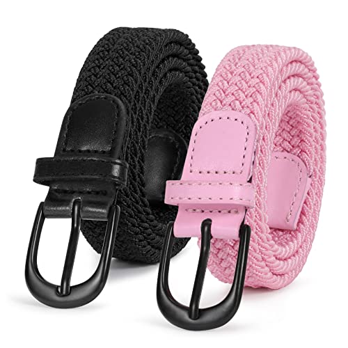 SUOSDEY 2 Stück gewebter elastischer Kindergürtel für Jungen Mädchen, 2.5 cm breite Schwarz Rosa 65cm