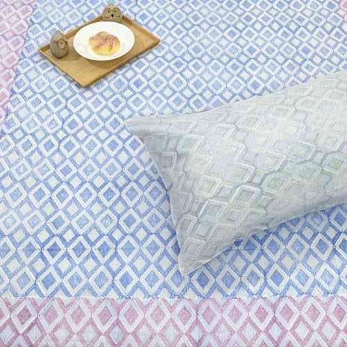 Image of TOAI Hand Block Printed Jaipuri Bedsheet | Bed Sheet Flatsheet | Pure Cotton | Single Size 60 inchx90 inch | 300 TC Bedsheets | Includes 1 Pillow Cover |Vintage Lines Checks |Blue Pink