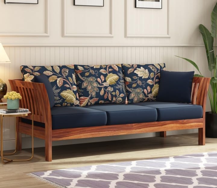 Image of Solid Sheesham Wood 3 Seater Sofa Set with Cushion | Wooden Three Seater Sofa for Home Bedroom Living Room Hall and Office (Honey Finish)