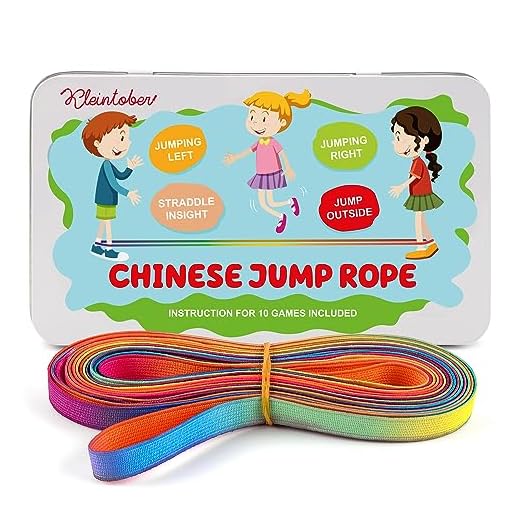 KLEINTOBER Goma elástica de saltar para niños Premium I Juguete para interior y exterior I Banda color arcoíris de 4 metros con instrucciones para juegos I Ideal para fiestas de cumpleaños