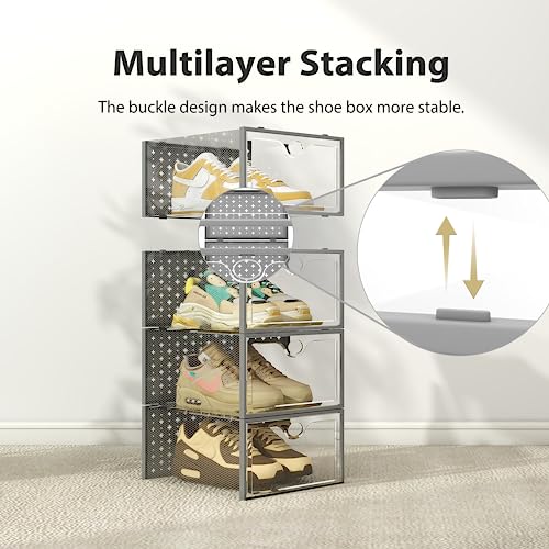 Pinkpum XXL Shoe Storage Box Fit for Size 14, Clear Plastic Stackable Shoe Organizer for Closet 12 Pack, Shoe Containers Sneaker Storage Grey