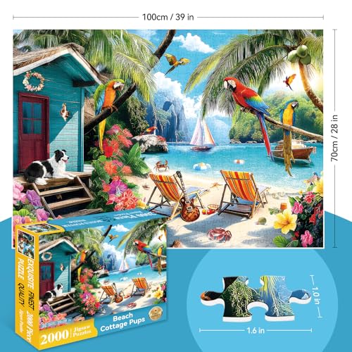 Puzzle de 2000 Piezas para Adultos, Tema Playa de Verano con Loros y Perro, Rompecabezas Desafiante 39" x 28" miniatura 2